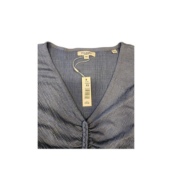 Max Studio Women's Ruched V-Neck Cap Sleeve Top Blue Textured Knit XS NWT - Picture 5 of 7